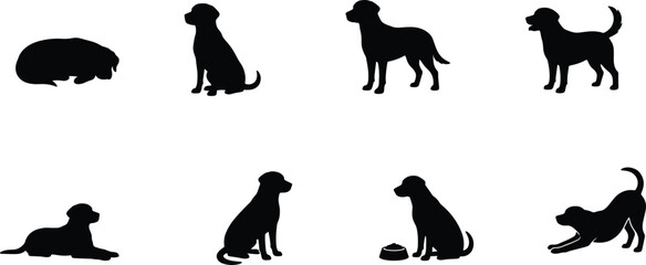 Obraz premium Dog Behavior and Pose Silhouette Collection Featuring Sitting Standing Sleeping Playing and Feeding Canine Illustrations Isolated on White