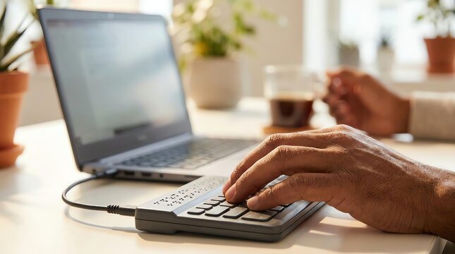 Person using braille keyboard with laptop for accessibility and technology