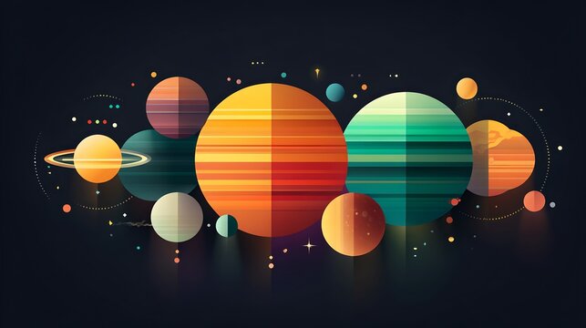 A stylized illustration depicting a collection of planets in a vibrant, abstract cosmic scene, with a dark background and glowing dots representing stars