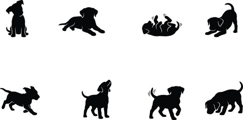 Obraz premium Playful Puppy and Dog Behavior Silhouette Collection Featuring Sitting Running Barking Rolling and Play Bow Poses