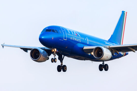 Luqa, Malta - June 26, 2026: ITA Airways Airbus A319-111 (REG: EI-IMS) on finals in the evening, one of the aircraft that was previously with Alitalia.