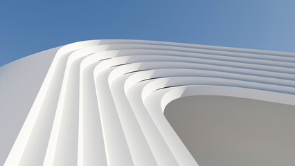 Abstract 3D render of white curved geometric architectural lines against a clear blue sky. Minimalist modern building corner design © ilham
