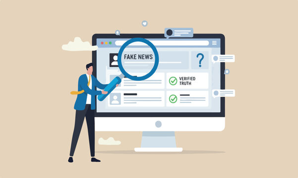 Fake news or false information spreading on website and social media, screening or verify truth before sharing or believe concept, man with magnifying glass verify fake news on website on computer