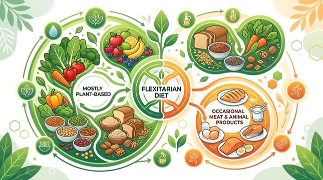 Flexitarian diet infographic with plant based and animal food sources
