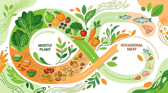 Infographic showing balanced diet with mostly plant based food options