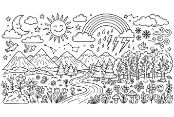 Fototapeta premium Whimsical nature landscape doodle with sun moon rainbow mountains and flowers vector illustration