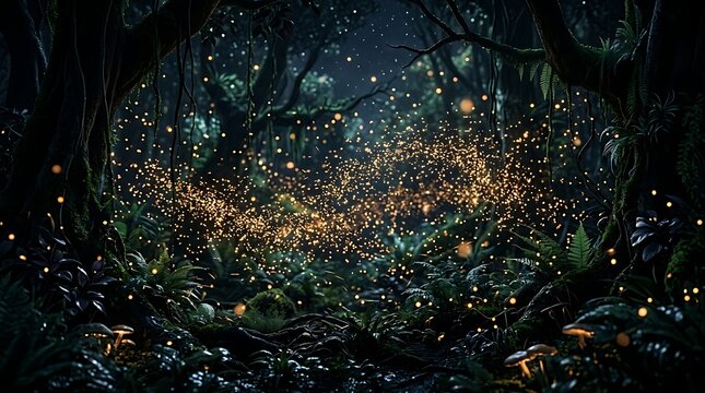 Magical forest with glowing fireflies in a mystical night scene