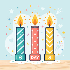 Obraz premium Three colorful birthday candles stand on a wooden surface