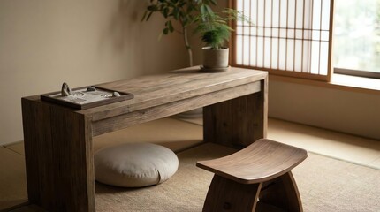 Fototapeta premium Serene Japanese Zen Room with Tatami Mats, Wooden Desk, and Miniature Zen Garden