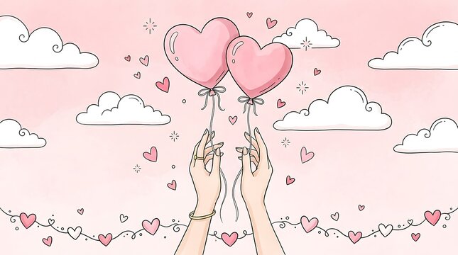Heartfelt friendship two hands reaching for pink heart balloons celebrating connection and affection