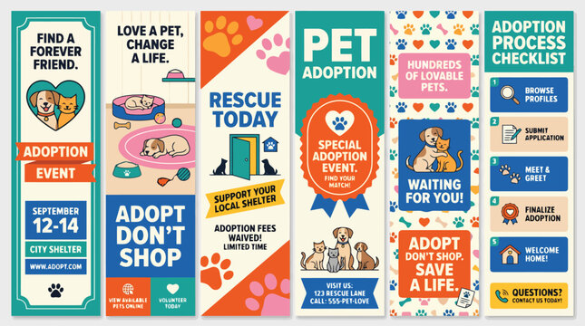 Pet adoption promotional vertical banner set with cute dogs cats care icons checklists and colorful flat vector graphics for shelters and rescue campaigns