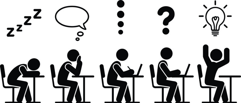 Stick figure business student characters step by step problem solving process, generating creative new idea illustrationn