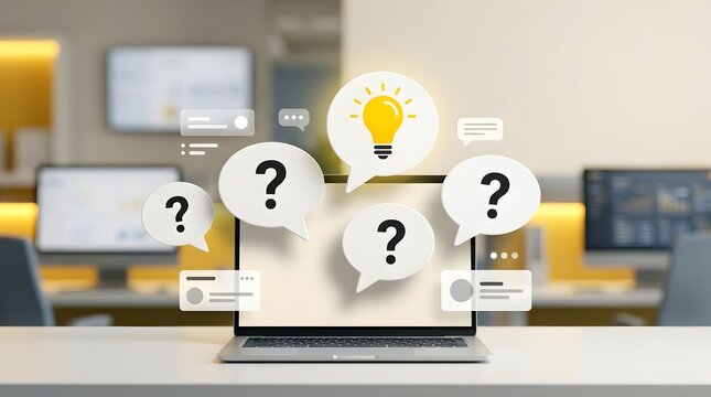 Customer support brainstorming concept showing laptop with floating question marks and glowing lightbulb representing online problem solving solutions