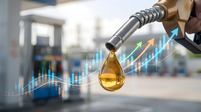 Rising fuel prices concept showing gasoline pump nozzle with oil drop and upward financial market charts representing energy inflation