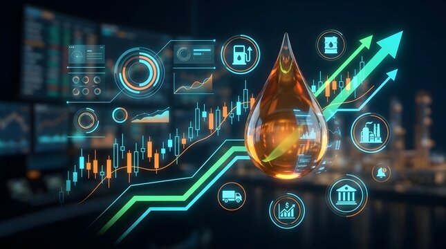 Energy commodity trading dashboard featuring large glowing oil drop and rising financial charts representing profitable petroleum market investments