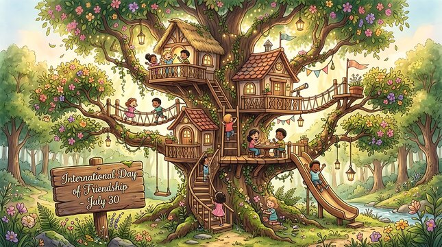 Celebrating friendship diverse children enjoying a playful treehouse scene for international day of friendship