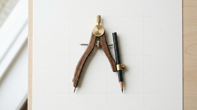 Organic Drawing Compass Top View With Diffused Light Isolated Setup For Online Store Drafting Compass Minimal
