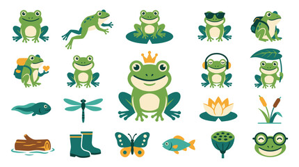 Obraz premium Cute Cartoon Frog and Pond Life Vector Icon Set. Flat Animal Nature Wildlife Illustration Collection