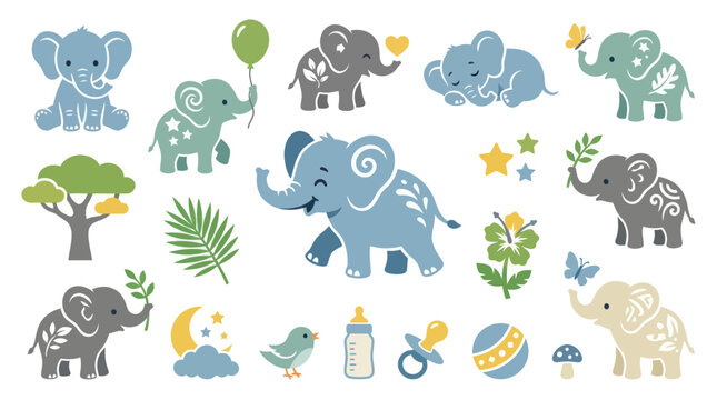 Cute Baby Elephants and Nursery Elements Vector Icons in Flat Cartoon Style for Kids Design