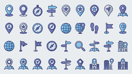 Flat Icon Set for Navigation and Location Finding, Featuring Map Pins, Compasses, Globes, Direction Signs, and Buildings in Blue and Purple Tones © teddy saputra