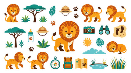 Obraz premium Flat Style Safari Animals and Travel Icons, Lions, Camera, Map, Binoculars