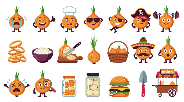 Food Cartoon Onion Characters and Vegetable Items Set. Agriculture, Cooking, and Emoji Flat Vector Illustration