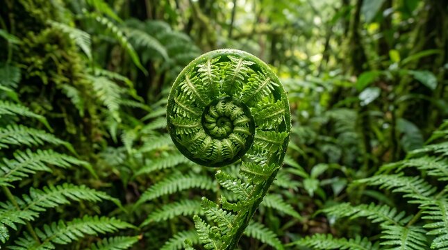 Green fiddlehead fern unfurling in a lush tropical forest