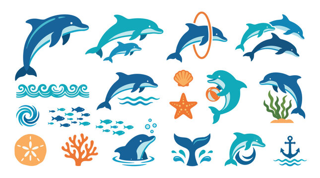 Flat Vector Cartoon Dolphins and Ocean Marine Life Elements Collection for Animal and Nature Designs