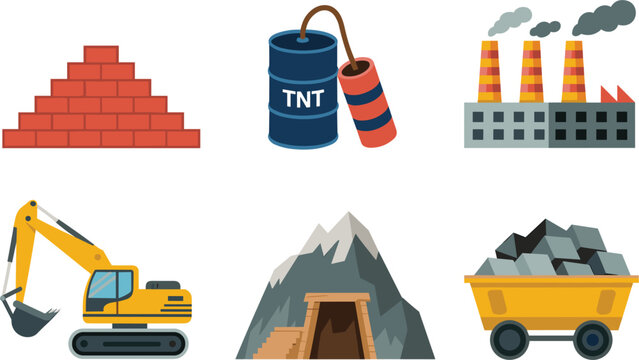 Set of flat mining industry and construction icons, including excavator, dynamite, factory, mine cart and tunnel