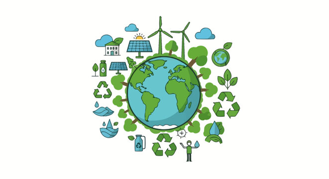 Earth surrounded by renewable energy and recycling icons