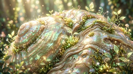 Naklejka premium Iridescent shell macro with green plants in sunlight