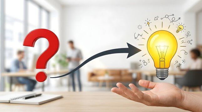 Corporate consulting solution concept mapping complex flowchart from problem question mark to glowing innovation lightbulb