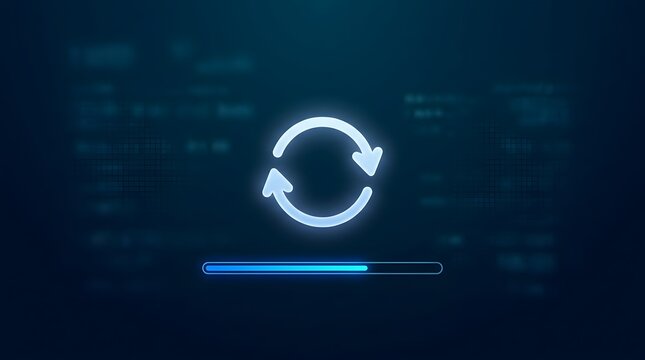 Software update loading process dashboard displaying glowing blue refresh cycle icon for system synchronization