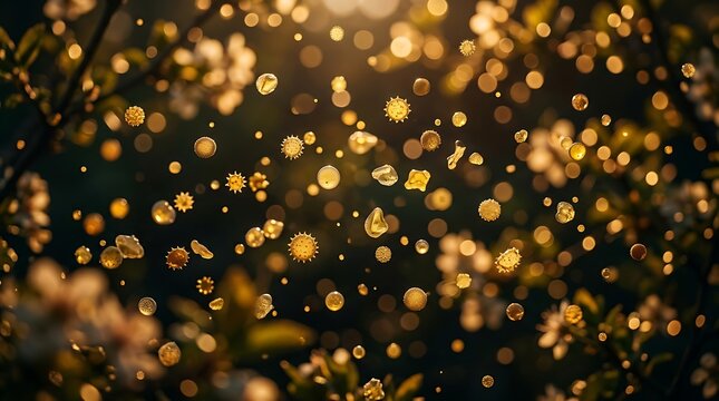Golden pollen grains floating in sunlight among spring blossoms
