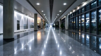Fototapeta premium A calm modern airport terminal walkway features sparkling reflections and soft lighting creating smooth gradients