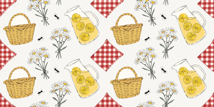 Cozy naive hand drawn seamless vector pattern with picnic baskets, lemonade, flowers and red gingham