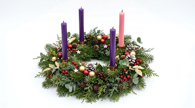 Christmas Wreath with Purple and Pink Candles.