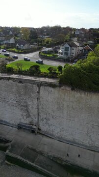 Aerial Footage of British Tourist Attraction at Ramsgate Beach and Ocean City at West Cliffs Kent, England, United Kingdom. Drone Camera Footage Was Captured on April 21st, 2024