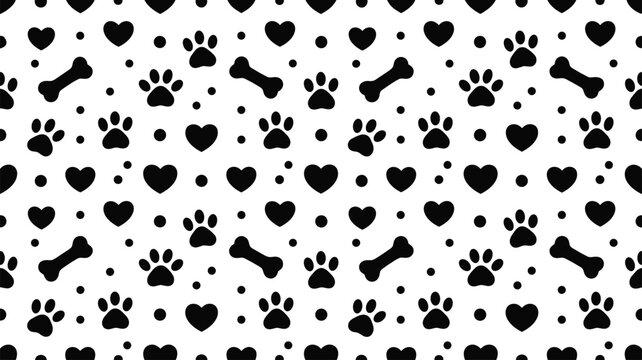 Dog paw print seamless pattern vector illustration with bones and hearts texture wallpaper for pet shop wrapping paper design.