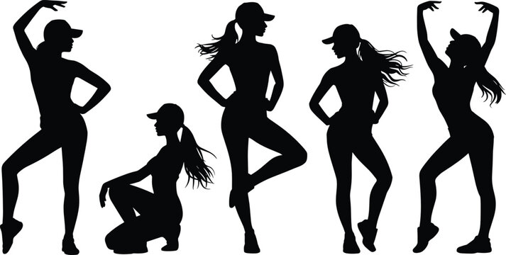 Women dancing silhouette vector illustration set with active girls wearing caps posing for fitness zumba workout and hip-hop design.