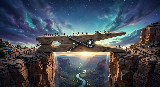 Surreal Concept of a Giant Wooden Clothespin Used as a Bridge Over a Canyon