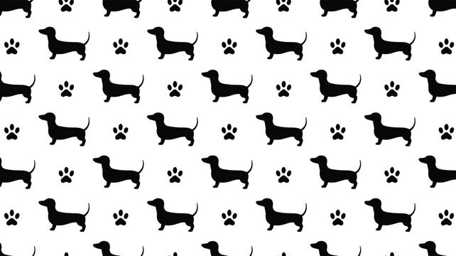 Dachshund dog seamless pattern vector illustration with little paw prints texture wallpaper for pet shop wrapping paper design.