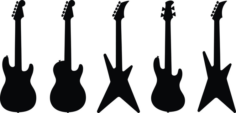 Electric guitar silhouette vector illustration set with various rock instrument shapes and bass guitars for music concert and festival design.