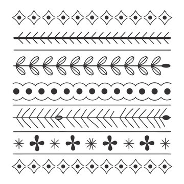 Doodle style page dividers set for creative writing or planners with floral vines, swirls, circles, and star shapes isolated on a plain background for enhancing document layouts and artistic framing.