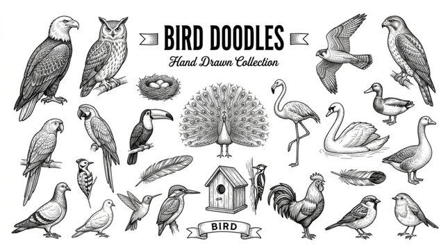 Vintage Hand Drawn Bird Collection Featuring Various Species and Avian Wildlife Illustrations for Nature Projects