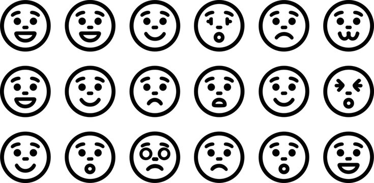 Emoji and Emoticon Line Icon Set with Happy, Sad, Surprised, Angry, Confused, Neutral, and Various Facial Expression Symbols for Social Media and Chat App Designs