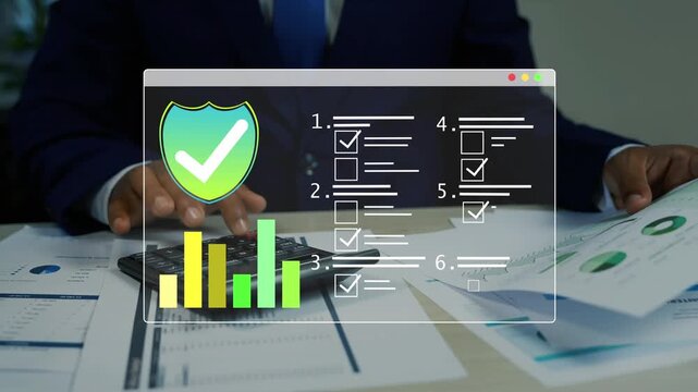 Businessman reviewing reports at a desk with holographic digital security checklist shield icon and bar chart animation, Hologram business audit with security checklist and reports