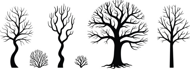 Tree silhouette vector illustration set with various bare leafless branches gnarled trunks and dry winter bushes for creepy landscape design. © Olivia