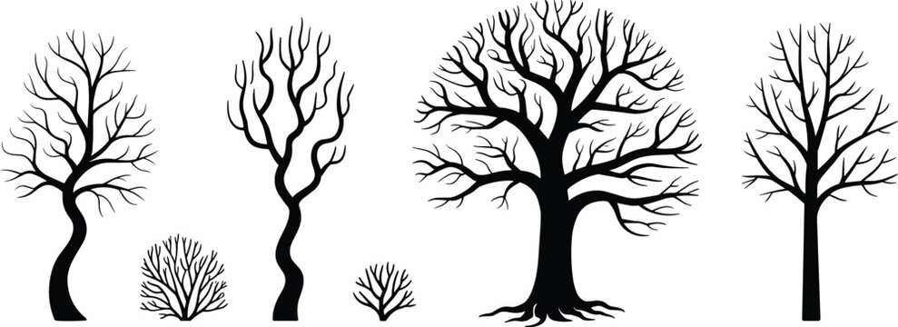 Tree silhouette vector illustration set with various bare leafless branches gnarled trunks and dry winter bushes for creepy landscape design.