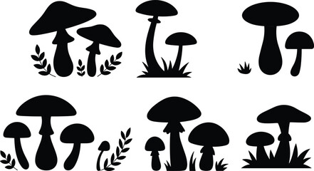 Mushroom silhouette vector illustration set with various fungus tufts forest toadstools grass and botanical leaves for autumn nature landscape design. © Olivia